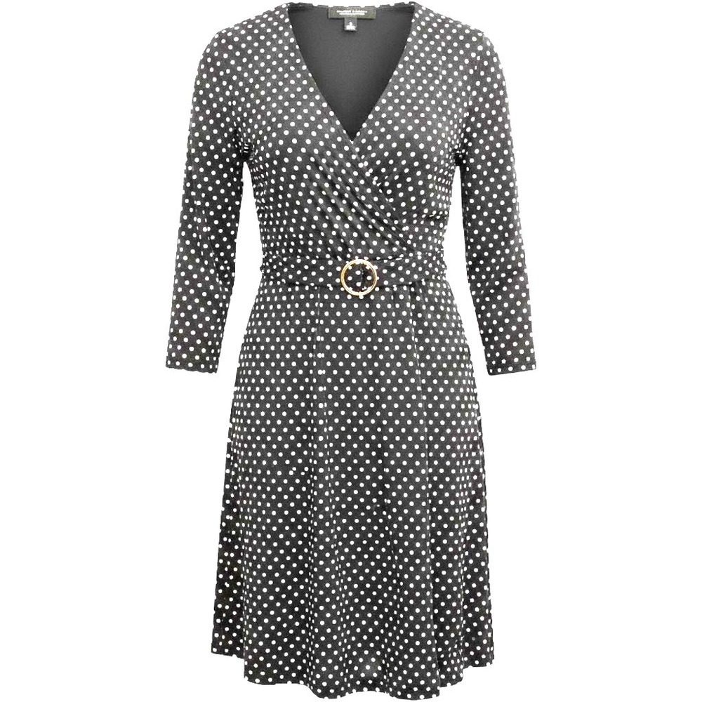Black Label Evan Picone Polka Dot Wrap Dress Womens 16 14 XL Gold Ring Buckle
